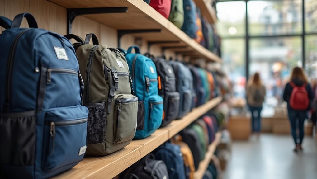 Backpacks on display shelve in a retail store, showcasing a variety of colors and styles for outdoor and daily use, perfect for back-to-school or travel needs.