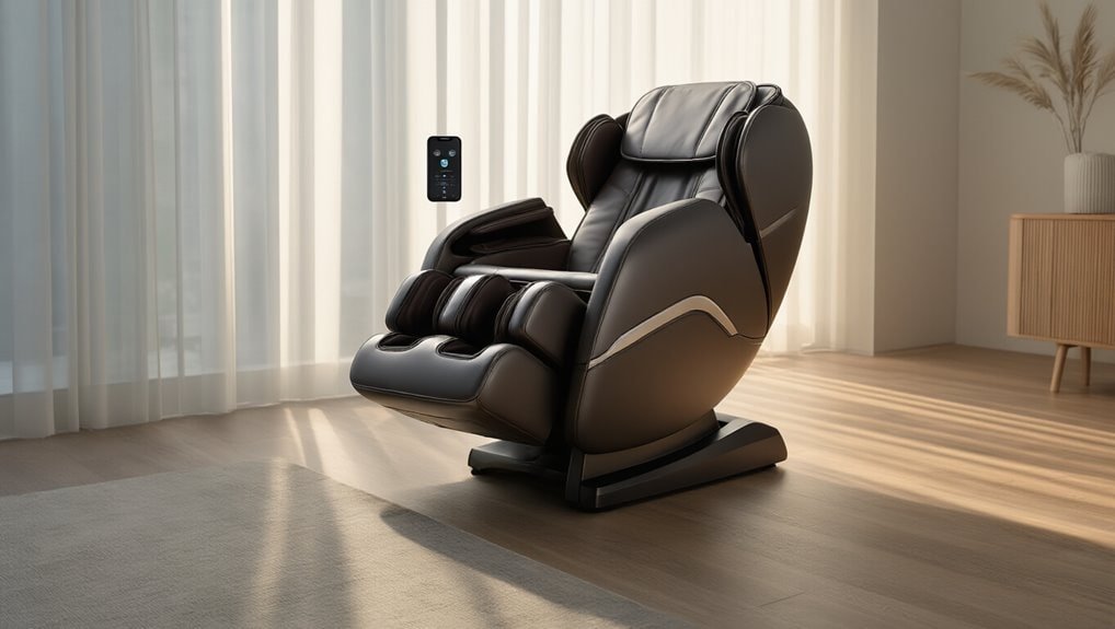 Massage chair with remote control for relaxation and comfort in modern living room.