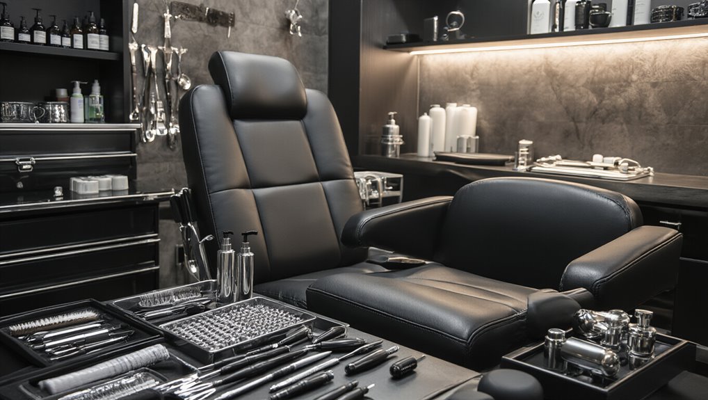 Luxury barber chair and professional grooming tools in a modern, sleek barbershop setting with sale promotion on salon accessories and equipment.