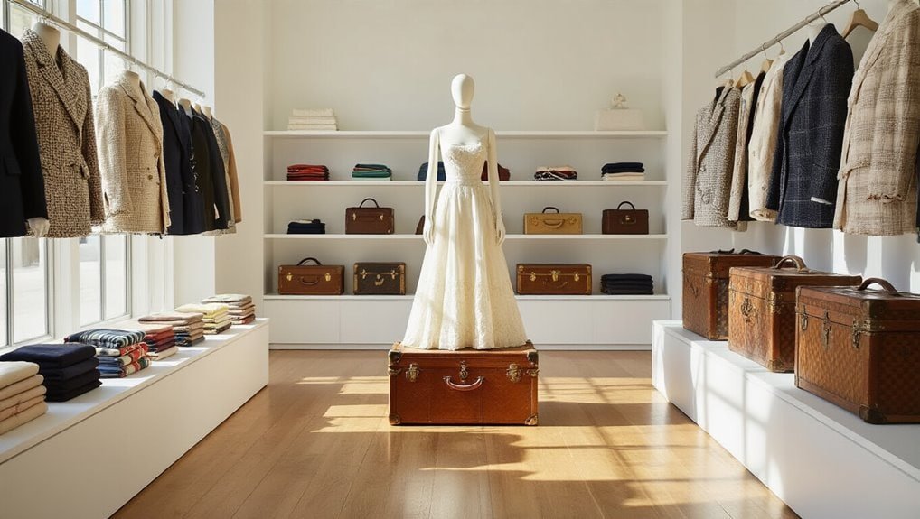 Luxury vintage clothing sale, elegant dresses and coats on display in a retail store setting.