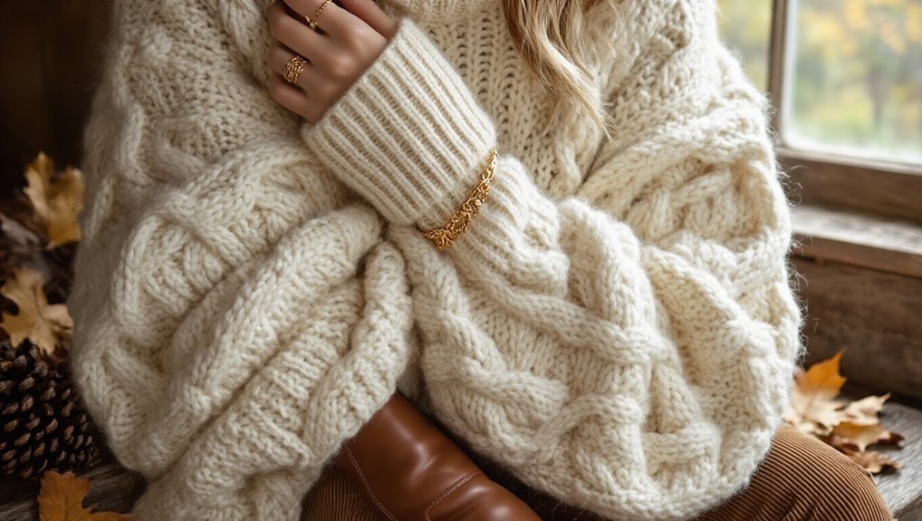 Chunky knit cable sweater in cozy cream color, perfect for fall and winter fashion. Ideal for stylish winter wear and seasonal sale shopping at Sale is Live.