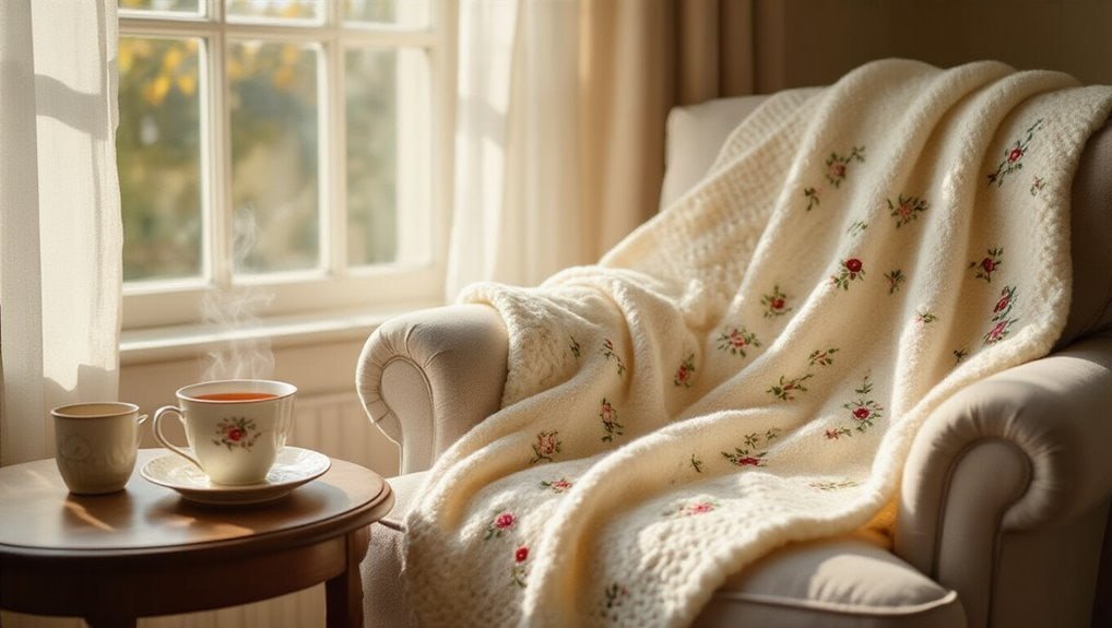 Cozy armchair with a floral blanket and steaming tea cups in a bright, inviting living room setting, perfect for enjoying warm beverages and relaxing during sales events.