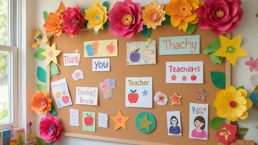 Brightly decorated classroom bulletin board with colorful paper flowers, thank you notes, and teacher appreciation messages, celebrating educators and enhancing classroom environment.