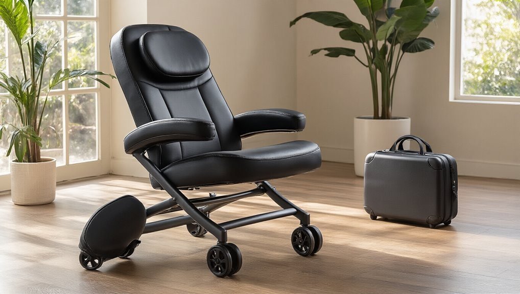 Black ergonomic office chair with rolling wheels and adjustable headrest in modern minimal home office.