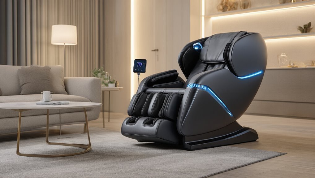 High-tech massage chair in modern living room with soft lighting, perfect for relaxation and wellness. Ideal for home or office comfort, with advanced features and ergonomic design.