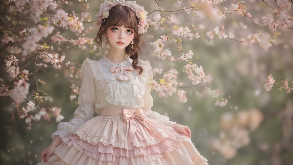 Beautiful young woman in vintage floral dress surrounded by blooming cherry blossoms, perfect for spring fashion sales.