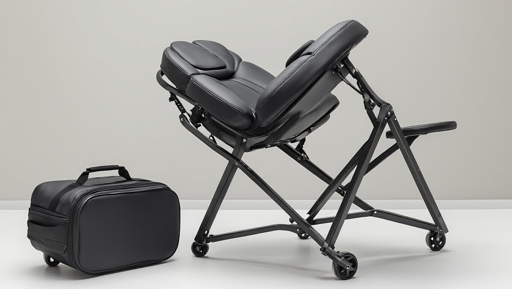Reclinable massage therapy chair with portable travel bag for wellness and relaxation.
