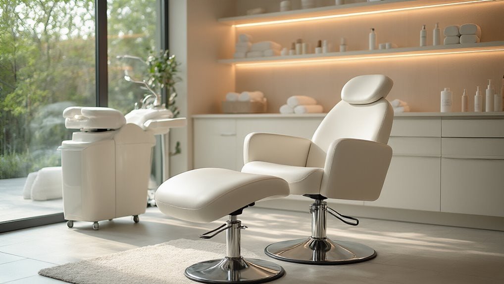 Luxurious white salon or spa treatment chair with adjustable recline and sleek modern design in a bright, clean wellness or beauty clinic environment.