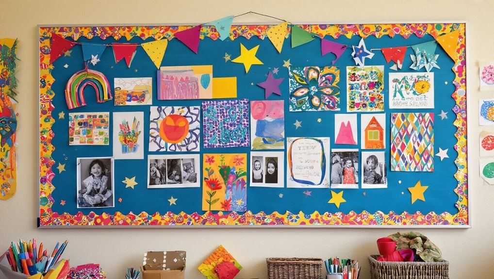 Colorful classroom bulletin board with student artwork, photos, and cheerful decorations celebrating creativity and learning. Perfect for vibrant school displays and educational environments.