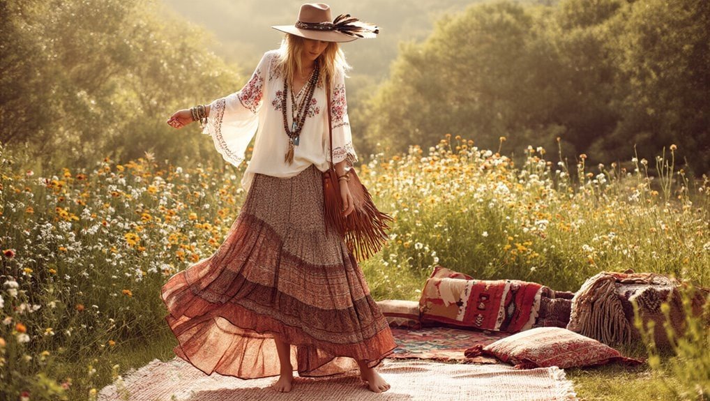 Bohemian woman in flowy skirt enjoying a summer meadow with floral decor, capturing a free-spirited, outdoor shopping experience at Sale is Live.