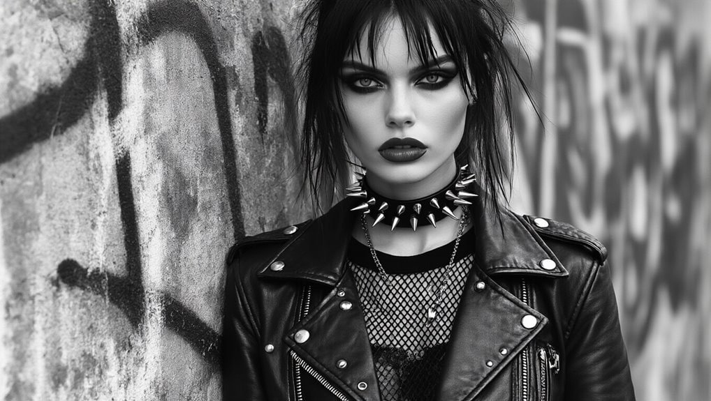 Edgy woman in leather jacket with spiked choker, dark makeup, and punk style, promoting sale event.