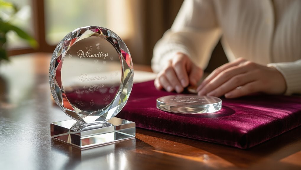 High-quality crystal award trophy with engraved text, displayed on a wooden table for business recognition and achievements. Perfect for corporate awards and special ceremonies.