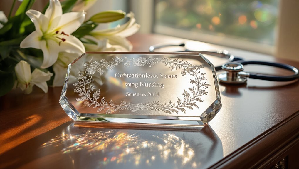Celebration crystal award with engraved floral design on a wooden surface, honoring 10 years of nursing excellence, accompanied by white lilies and stethoscope.