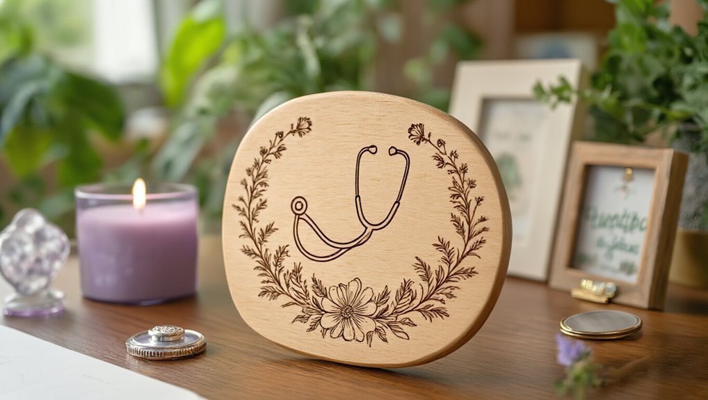 Stethoscope engraved on wooden plaque for healthcare professionals and medical offices.