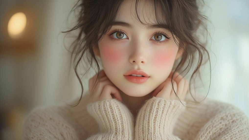 Beautiful young woman with soft makeup and cozy sweater, showcasing fresh spring style, perfect for sale is live promotional campaigns emphasizing fashion and beauty discounts.
