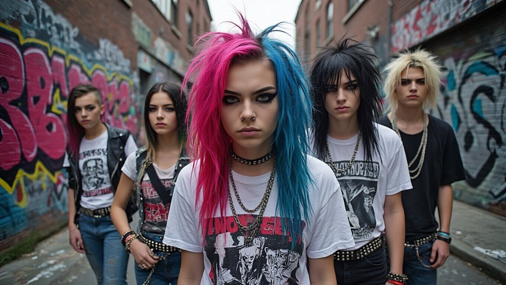 Vibrant punk rock girls with colorful hairstyles and edgy fashion in graffiti-covered urban alley, showcasing youth rebellion and street style for bold fashion statements.