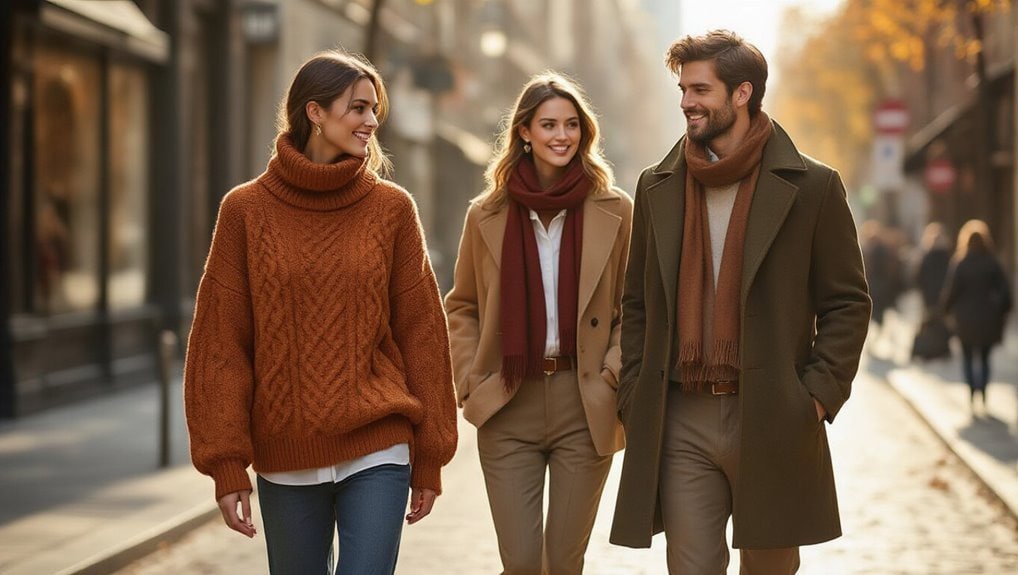 Comfy fall fashion outfits for women and men on a city street, showcasing autumn apparel and accessories, perfect for seasonal shopping.