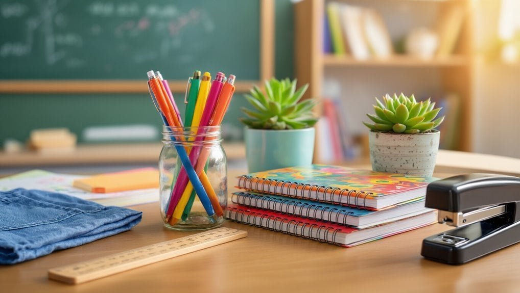 Colorful pencils in a glass jar on a school desk with notebooks, plants, and stapler, symbolizing back-to-school sale offers and discounts.