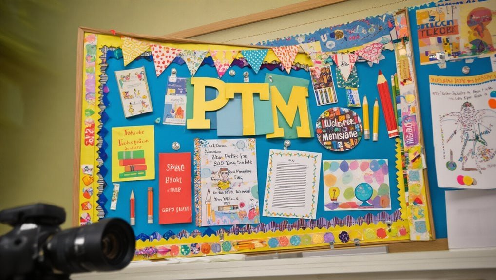 PTM bulletin board with colorful decorations, notices, and student artwork promoting school events and parent-teacher meetings for effective communication and engagement.