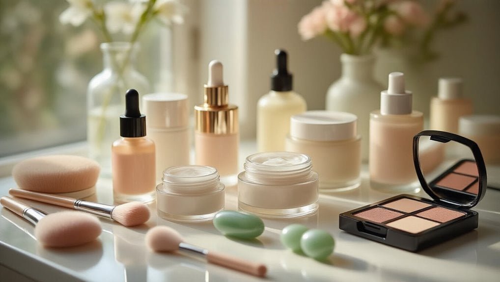 Luxurious skincare and makeup products displayed on a vanity table, perfect for beauty enthusiasts. Ideal for promotional sales and discounts during Sale is Live events.