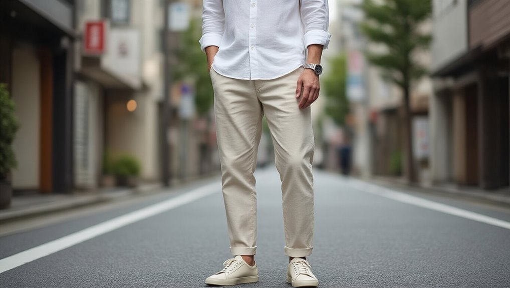 Comfortable beige casual pants for men displayed in an urban street setting - perfect for sale, fashion deals, and online shopping.