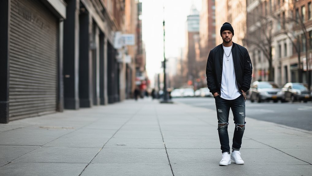 Stylish young man walking confidently on city sidewalk, wearing casual streetwear, hoodie, ripped jeans, sneakers, and beanie, representing modern urban fashion and trendy street style.
