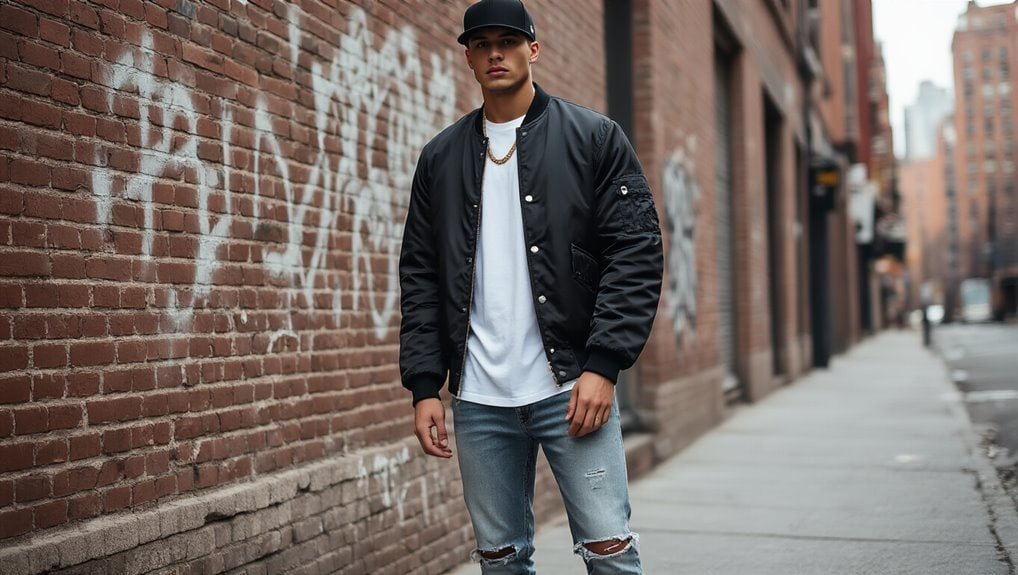 Stylish young man in a black bomber jacket, white t-shirt, and ripped jeans standing on an urban sidewalk with graffiti-covered brick wall. Perfect for streetwear and fashion sale promotions.
