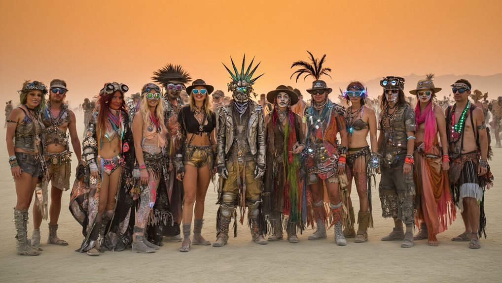 Electric festival attendees dressed in colorful, avant-garde costumes at Burning Man desert event.