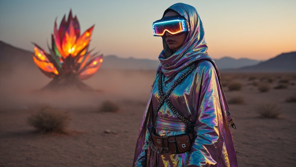 Vibrant holographic fashion outfit with futuristic goggles in a desert landscape during sunset, promoting sale and online shopping on Sale is Live platform.