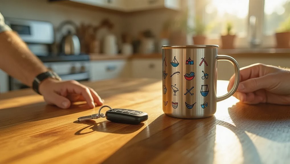 Sale is live promotional sale banner, person handing over car key to another at wooden table with mug, kitchen background.