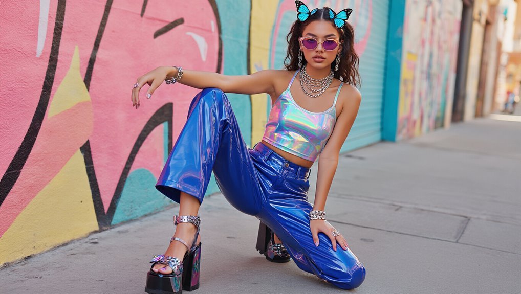 Vibrant street style fashion featuring a young woman in holographic crop top, shiny blue vinyl pants, and colorful accessories, showcasing bold and trendy outfits for lookbook or fashion sale.