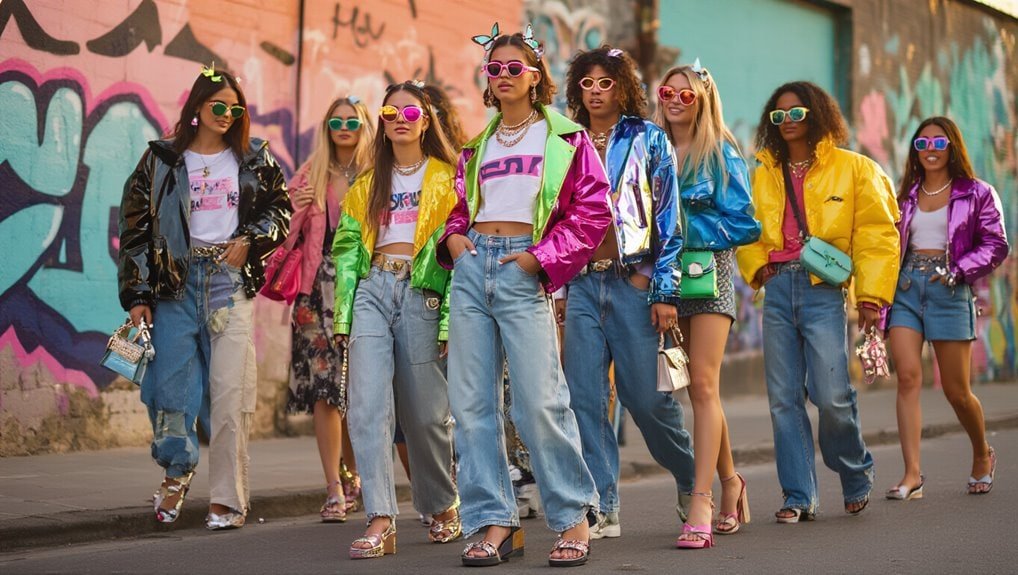 Brightly dressed women in colorful jackets and trendy accessories enjoying a street fashion photo shoot, showcasing the latest fall fashion trends and vibrant styling in an urban setting.