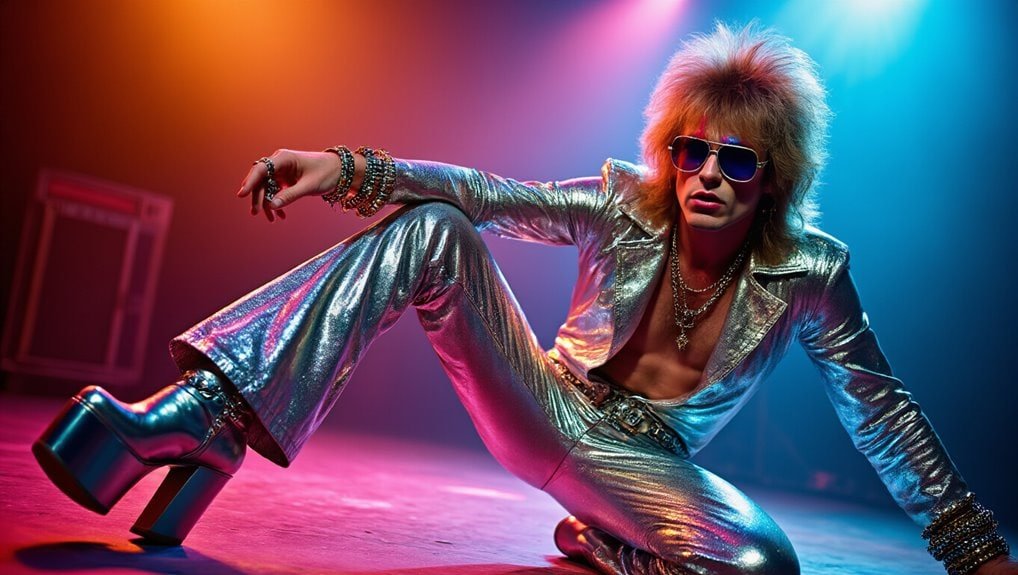 Shiny metallic outfit with platform heels, sunglasses, and bold accessories in vibrant colorful lighting, capturing a trendy, high-energy fashion moment.