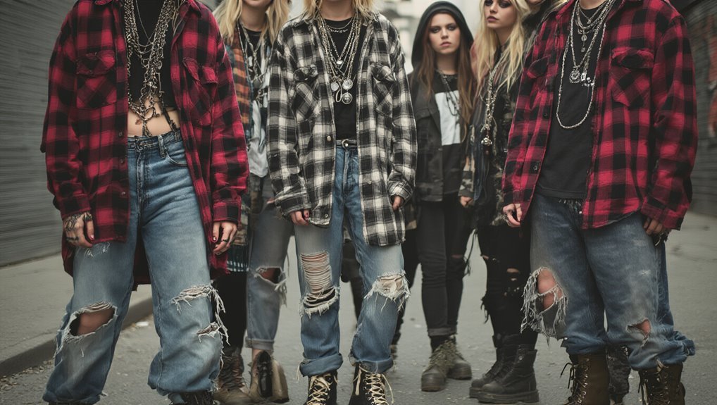 Grunge streetwear fashion featuring distressed jeans, plaid flannel shirts, and layered jewelry, perfect for trendy urban style.