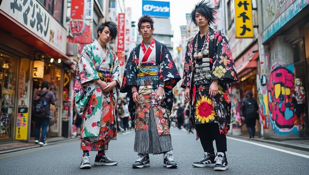 Colorful Japanese street fashion with kimono-inspired outfits and streetwear sneakers in Tokyo shopping district, vibrant urban culture, trendy attire, Sale is Live promotional image.