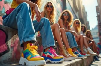 Bright, colorful sneakers and stylish casual outfits worn by a group of young women sitting on a graffiti-covered ledge in an urban street scene, highlighting trendy fashion and footwear available during Sale is Live.