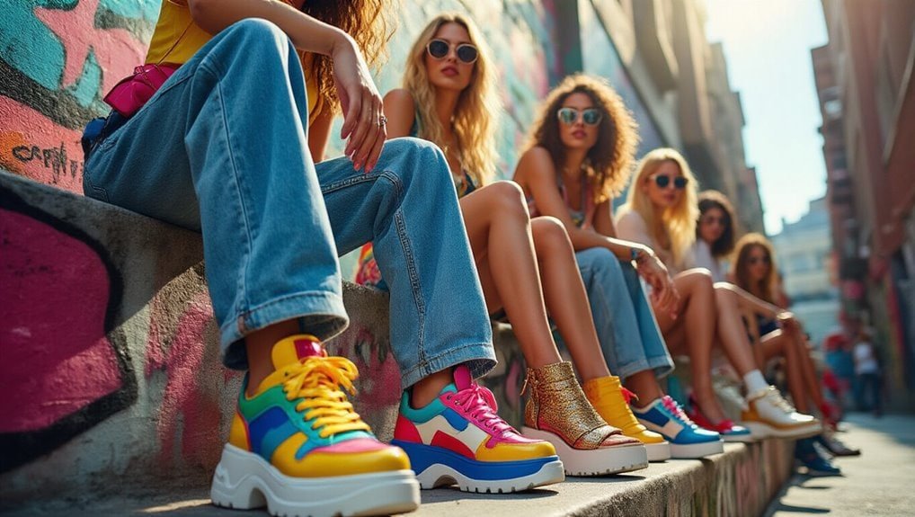 Bright, colorful sneakers and stylish casual outfits worn by a group of young women sitting on a graffiti-covered ledge in an urban street scene, highlighting trendy fashion and footwear available during Sale is Live.