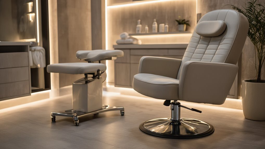 Luxurious white salon or spa chair with adjustable footrest in a modern, well-lit treatment room, ideal for beauty salons, spas, or medical clinics.