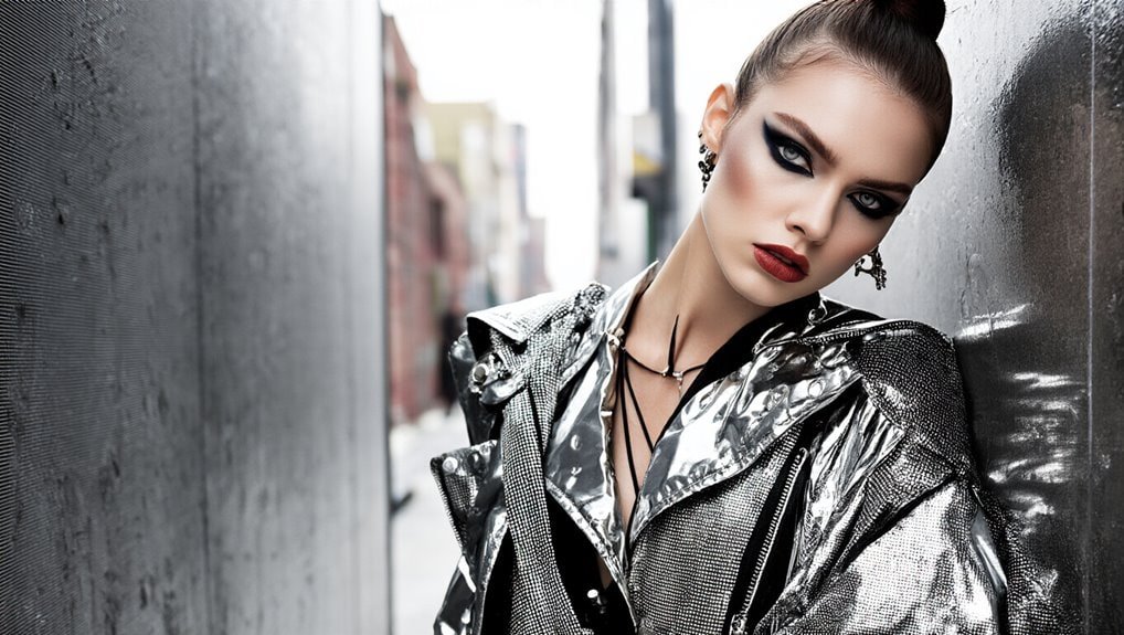 Shiney metallic fashion jacket, trendy street style, bold makeup, urban look, Sale is Live, fashion sale, trendy outerwear, stylish woman, latest fashion trends, shopping deal, sale event.