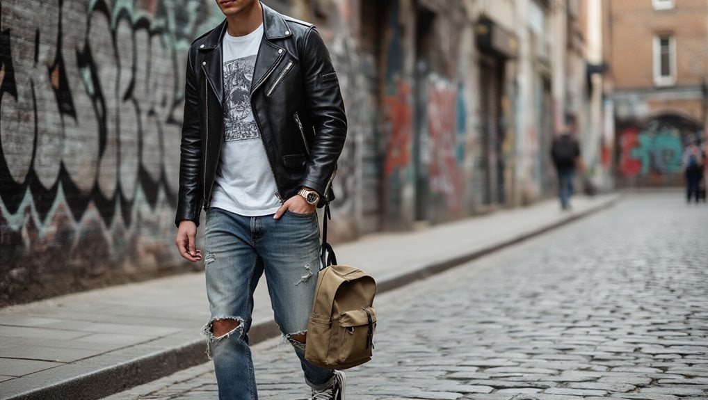 Stylish young man walking on cobblestone street with graffiti-covered wall in urban setting, wearing casual ripped jeans, leather jacket, graphic t-shirt, and carrying a backpack.