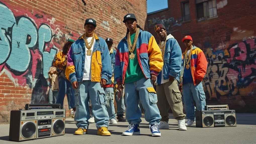 Vibrant street dance crew with graffiti background, showcasing urban fashion and style, featuring colorful jackets, baggy jeans, and oversized accessories for a trendy, expressive look.