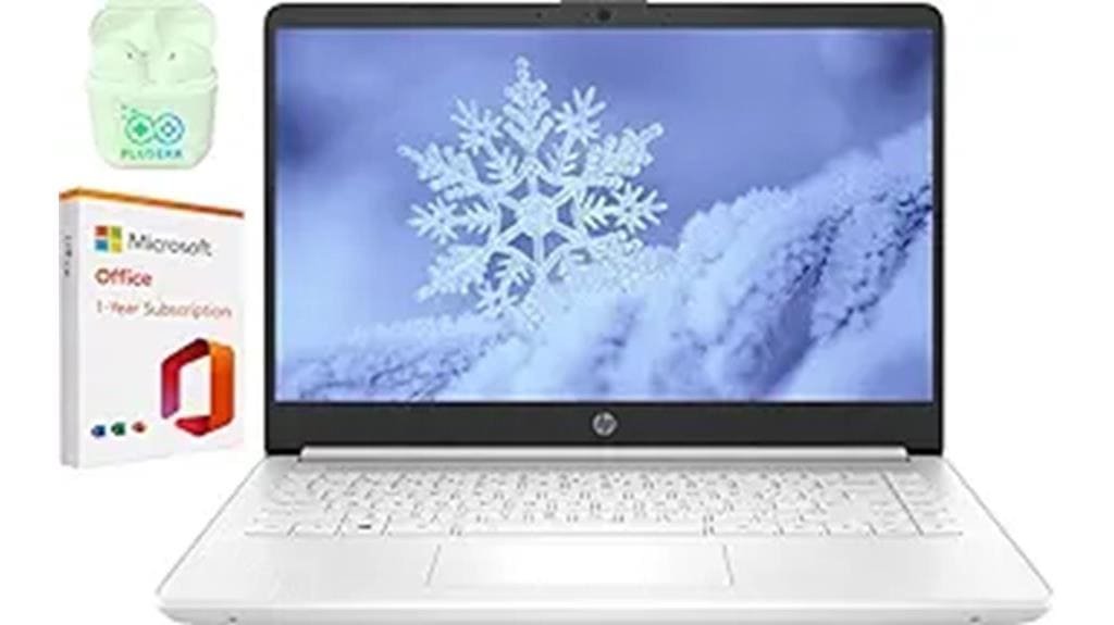 Dell white laptop with snowflake desktop wallpaper, Microsoft Office 365, and HP wireless earbuds for sale at Sale is Live, perfect for office work and remote productivity.