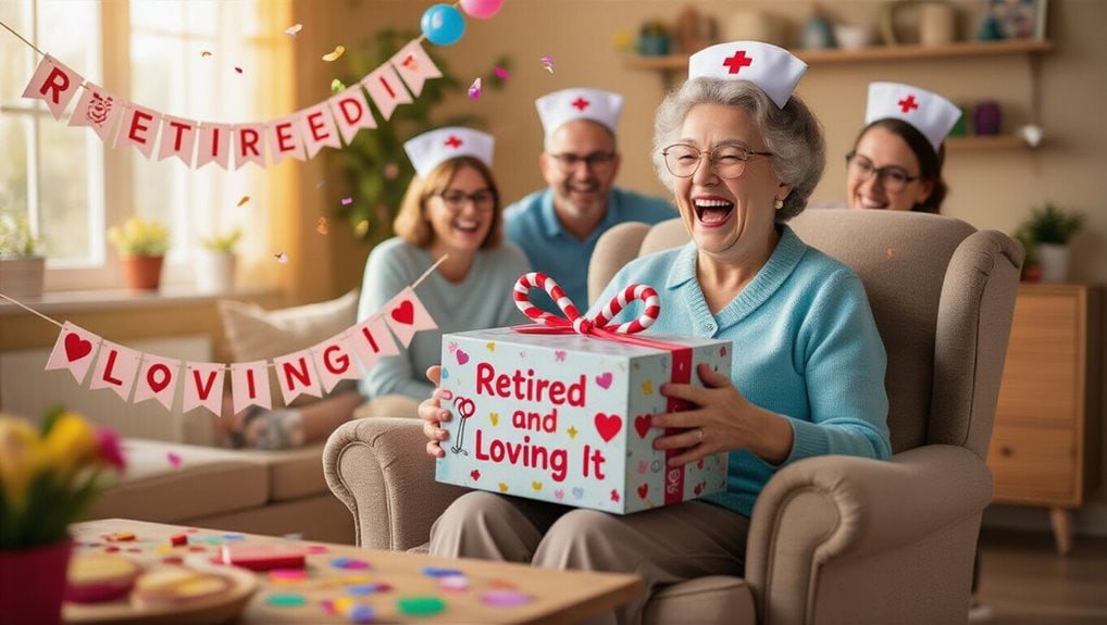Retired woman celebrating with friends during a joyful retirement party, holding a gift box, with festive decorations and cheerful atmosphere.