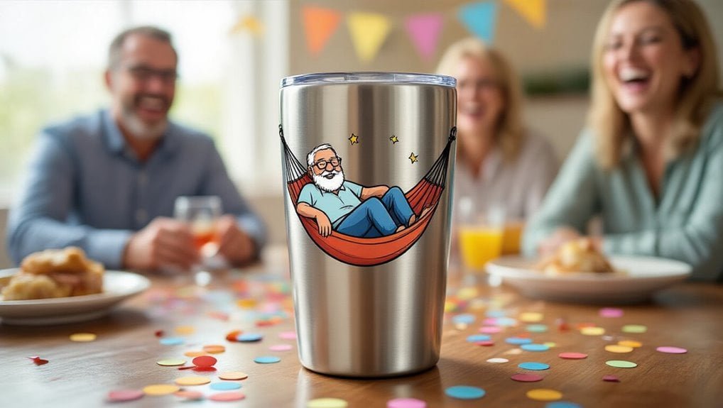 Relaxed man with glasses holding a drink at a celebration party with friends, colorful confetti, and a personalized tumbler featuring a cartoon man in a hammock, promoting Sale is Live offers.