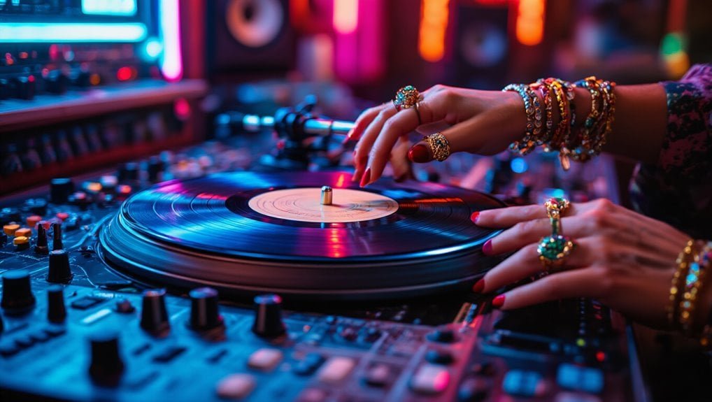 DJ spinning vinyl record at a vibrant party, showcasing energetic music mix and lively atmosphere. Perfect for promoting live DJ events, nightlife, and music sales on Sale is Live.