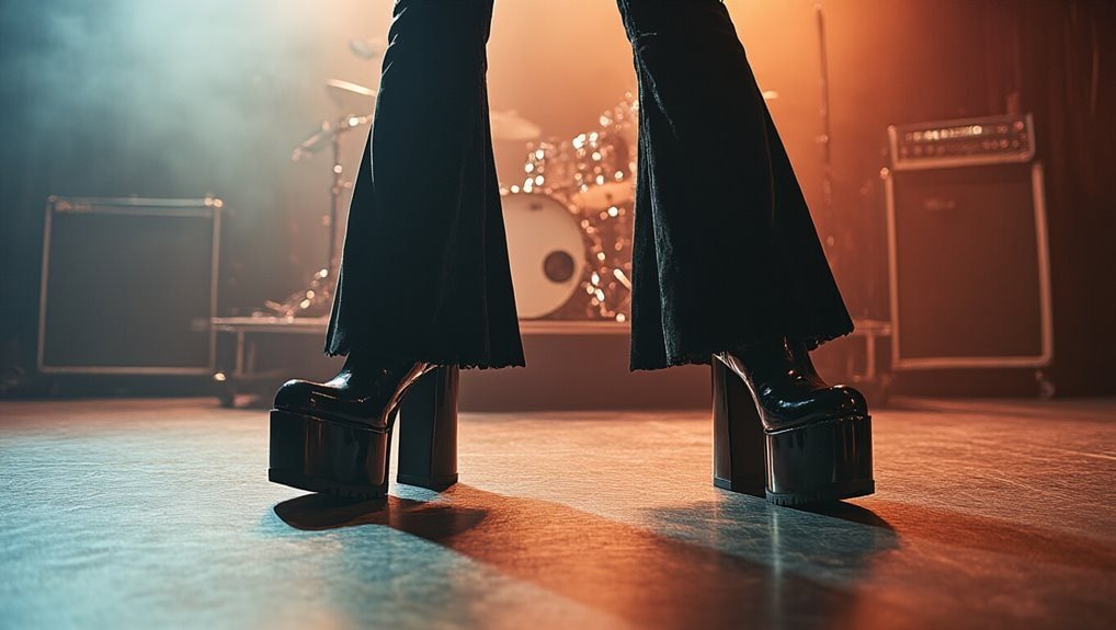 Stylish platform shoes worn by a performer on stage during a live sale event.