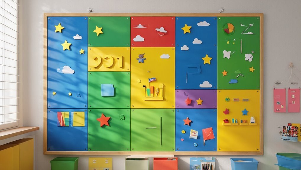 Colorful educational wall display with stars, clouds, books, and playful symbols, ideal for learning environments and classroom decor.