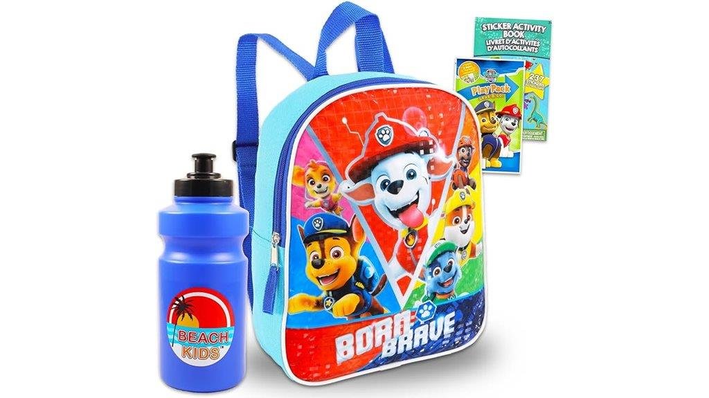 Colorful Paw Patrol-themed backpack with water bottle, perfect for kids' school or travel, featuring popular characters and activity books for an engaging, fun learning experience.