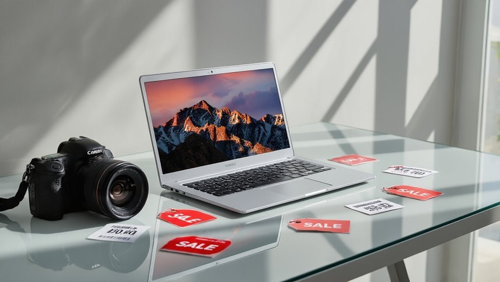 Laptop with mountain wallpaper and Canon camera on glass table, surrounded by sale tags, indicating active discount offers and online sale opportunities.