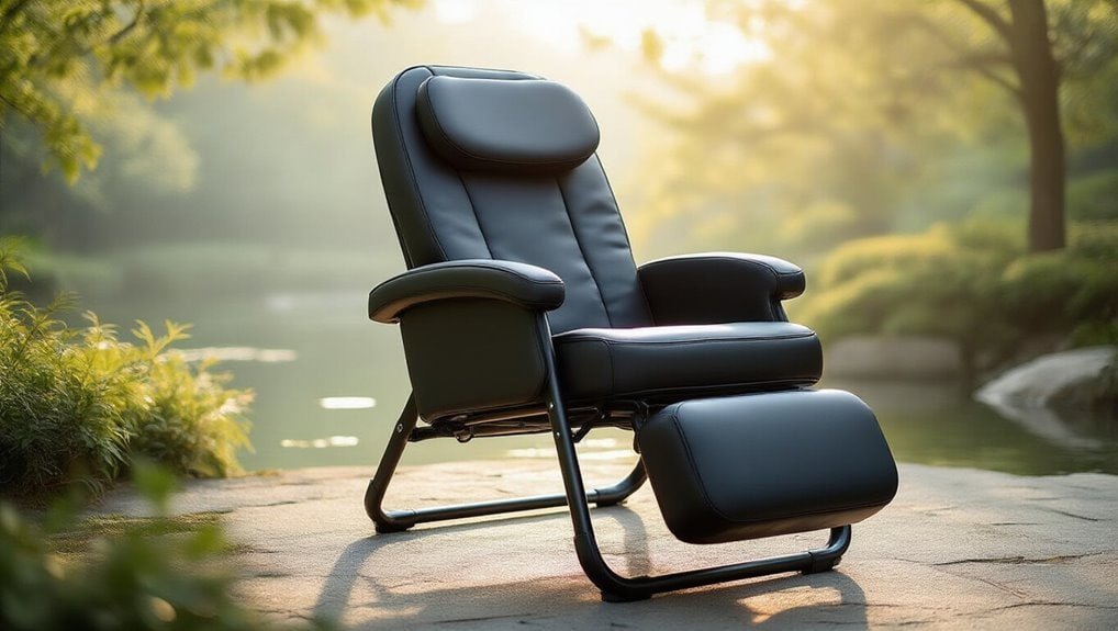 Black leather recliner chair with footrest on outdoor stone path, surrounded by lush greenery and serene water, perfect for outdoor relaxation and stress relief.